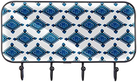 Геометриски Сино Печатење Решетката Решетката Ѕид, Влезот Палто Решетката со 4 Кука За Капут Шапка Чанта Облека Бања Влезот Дневна
