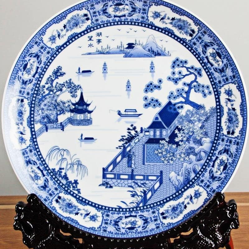 TJLSS павилјонска плоча керамичка украсна чинија сина и бела декорација плоча дрвена основа порцеланска плоча поставена свадба подарок