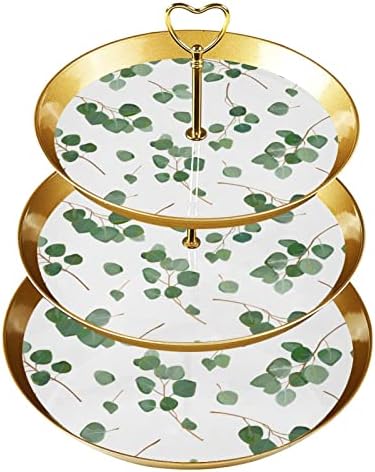 Драгонбту 3 Ниво Кекси Стојат Со Злато Прачка Пластични Нивоа Десерт Кула Послужавник Зелени Лисја Растителни Овошни Бонбони Дисплеј За Свадба