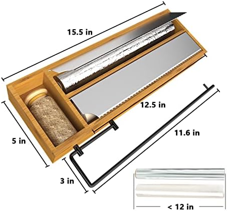 2 во 1 складирање на фолија и диспензерот со држач за долна хартиена крпа, монтиран бамбус пластична обвивка за обвивка со фиока за кујна за секачи и организатор на к