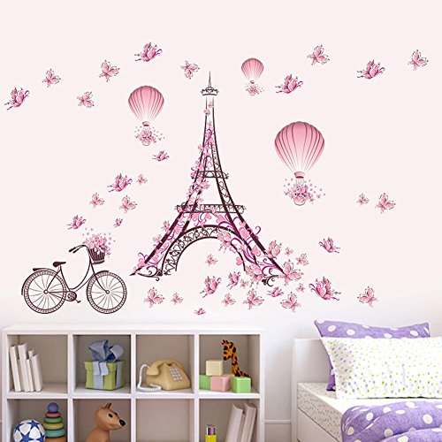 Волпарк Романтична Розова Пеперутка Париз Ајфелова Кула Цвет Балон Со Топол Воздух Отстранлив Налепница За Ѕид Налепница, Деца