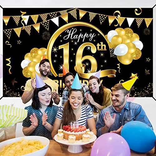 Среќен 16-Ти Роденден Банер Позадина Украси За Момчиња Девојки, Црно Злато 16 Роденден Знак Забава Материјали, Големи Шеснаесетгодишниот