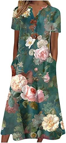 Longенски долг макси цветен фустан за печатење со џеб летен случај со кратки ракави со кратки ракави надолу фустани лабава сандер на плажа