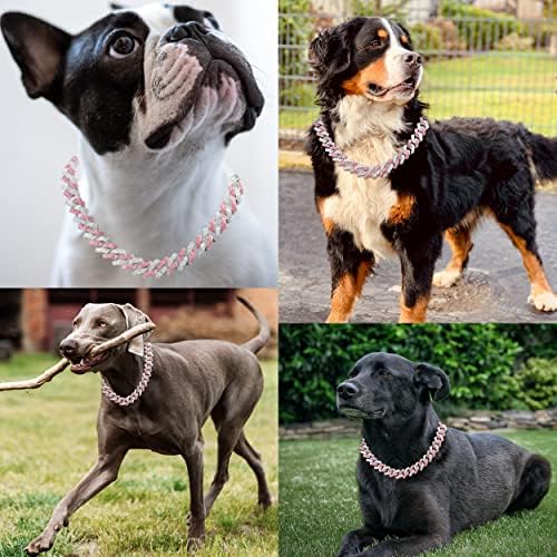 Јака од ланец на кучиња FasDecon, дијамант кубански јака, метал ланец јака со дизајн безбеден јаки за кучиња за кучиња за средни големи