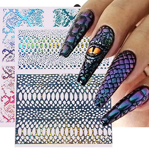 Ласерски налепници за нокти на серпентина за уметност за нокти, 3Д само-лепете налепница за уметност за нокти 7 чаршафи змија, змија шема,
