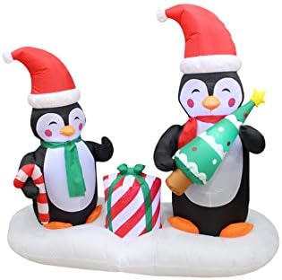 6 нозе долги Божиќни надуени Двајца среќни пингвини кои држат новогодишна елка, кутија за подароци и бонбони предводени светла декор