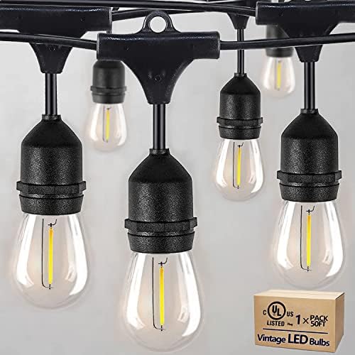 Идејали 50ft Отворено жици светла Водоотпорна 17 ShatterProof S14 Bulbs Edison Vintage задниот двор светла, комерцијално одделение