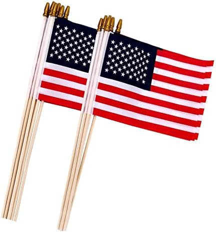 Пакет од 12,4x6 инчи американски знамиња рачни мали знамиња на дрвениот стап со копја без копје, совршено за паради, ветеранска забава,