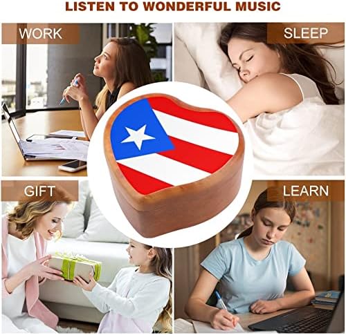 Порто Рико знаме гроздобер дрвена часовна музичка кутија музичка кутија во форма на срцеви подароци за семејни пријатели на lубовници