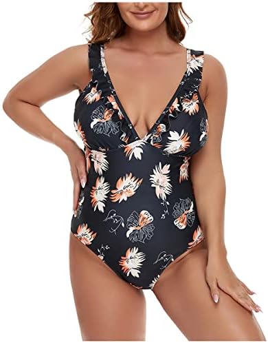 Nxxyeel Women Women Suits Suitts Ene-Pless Plus Sime Ruffles Carme Carment Printed V Reck Control Control Swim Cossuit Monokini