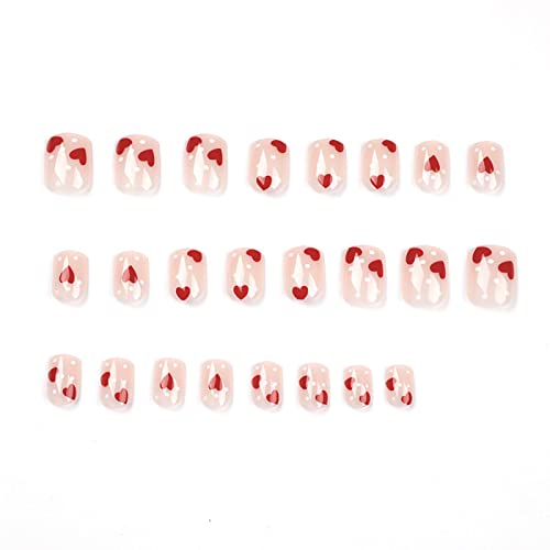 Црвен Печат На Ноктите Денот На Вљубените Лажни Нокти 24 парчиња Кратки Квадратни Лажни Нокти Целосна Покривка Вештачки Акрилни Нокти Со