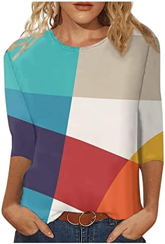 Женски Долги Врвни Жени Маица Со Три Четвртини Ракави Геометриска Боја Блокирање Печатење Модни Врвови Преголеми Маици