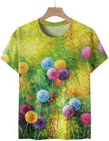 Zdfer цветни печати маици со краток ракав, тркалезен врат, пулвер, пулвер, маички маици женски случајни летни слатки врвови