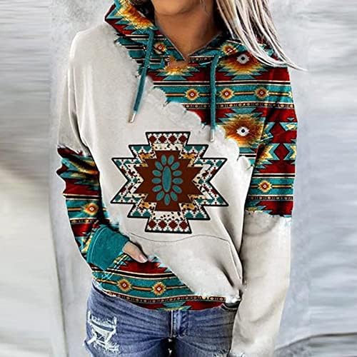 Зефотим Ацтек худи жени пуловер западен гроздобер геометриски долги ракави ретро џемпери врвови