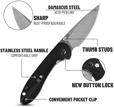 CJRB виткање џебен нож Feldspar EDC нож роза Дамаск челик сечило и рачка од не'рѓосувачки челик црна за пешачење за кампување