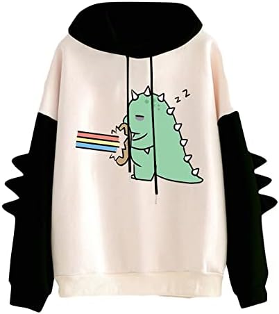 Oplxuo симпатични диносаурусни графички дуксери за жени тинејџерски девојки блок во боја со долги ракави врвови на врвови за џемпери