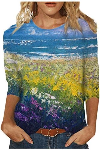 Женски модни маички за сликање графички кошули за печатење на екипаж 3/4 ракави врвови 2023 пролетни летни блузи