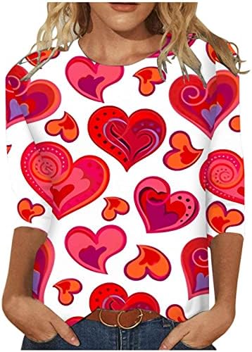 Pimoxv розова валентин кошула жени симпатична маичка за печатење на срце 3/4 ракав екипаж Туника Топ летна летна летна празнична блуза
