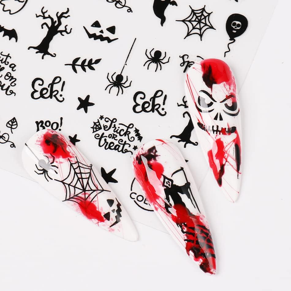 Eseres 9 листови налепници за нокти за Ноќта на вештерките црна 3Д само-лепетка за дизајн на нокти Ден на мртвите декорации за налепници на пајакот