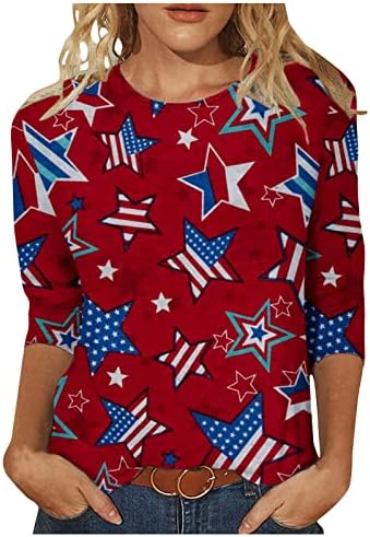 Женска патриотска маица обична 3/4 ракави на врвовите на вратот на вратот на вратот 4-ти јули starsвезди ленти графички блузи маички