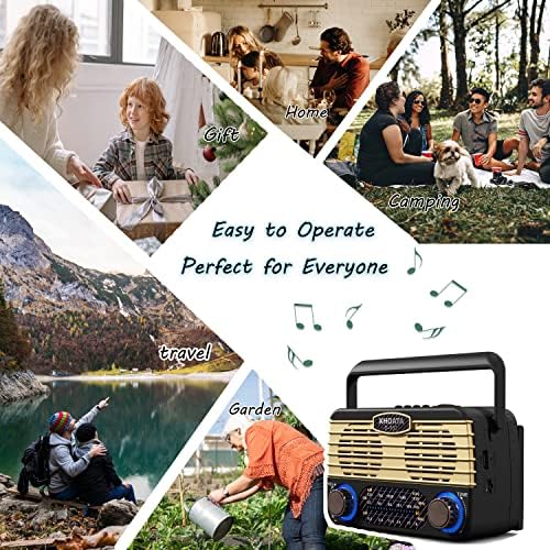 Xhdata D902 Преносен ретро гроздобер радио AM FM SW радио Bluetooth звучник со фенерче, SD картичка USB MP3 плеер, соларно радио за полнење,
