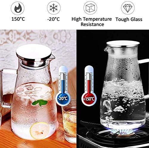 Uten 1,8 литар 51oz стаклен стомна со капак, лесна чиста стаклена вода отпорна на топлина со рачка за топли/ладни пијалоци - вода, ладен пијалак,