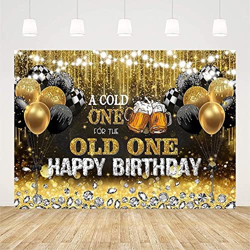 AIBIIN 7x5ft Happy Birthday Backdrop for Men A Cold One for The Old One Black and Gold Glitter Balloon Photography Background 30th 40th 50th Bday