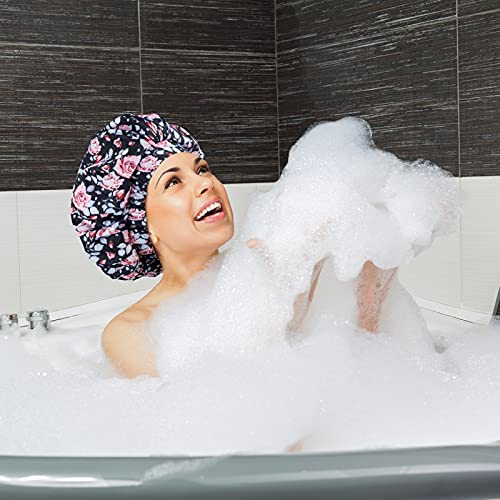 2 парчиња луксузно прилагодливо капаче за туширање за жени - свилен сатен наредени и микрофибер Тери обложена капа за туширање,