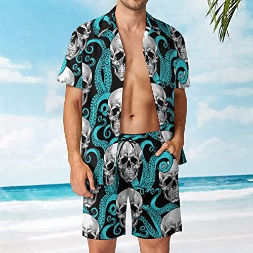 Кошули и панталони за кратки ракави за кратки ракави на черепот и октопод, летни плажа облеки лабаво вклопување на тренерки