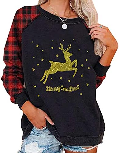 Божиќни џемпери за жени обични модни модни елки графички пуловер карирани во боја на џемпери меки лабави врвови