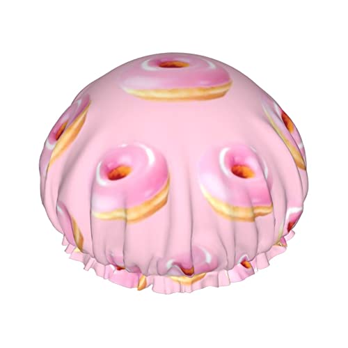 Капа за туширање со розови крофни за жени водоотпорни - еднократно, прилагодливо и двојно слоевито капаче за коса со еластично полите