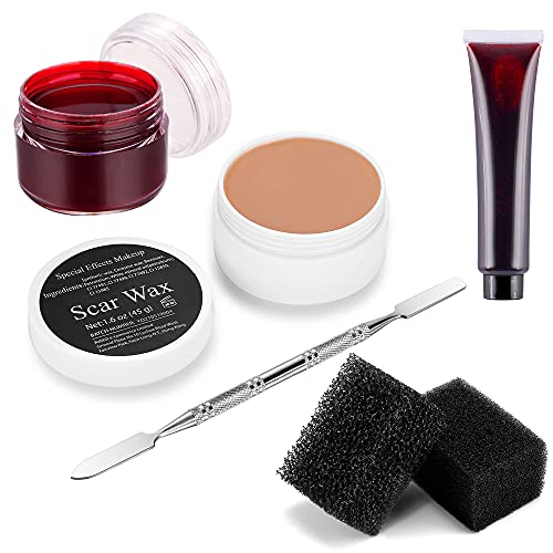 Wismee Fake Blood SFX комплет за шминка восок со лузна восок со коагулиран крвен гел, шпатула алатка за козметика миксер ， Stipple сунѓер, професионален восок за кожа на кожата ?