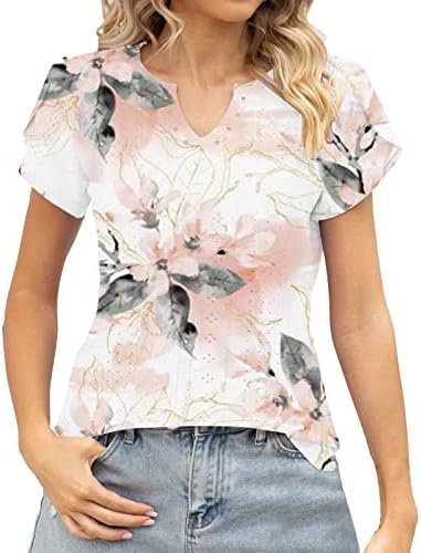 Maseенски маички мода V вратот jacquard исечен ракав лабава маица со кратки ракави врвни дами блузи за жени под 20 години