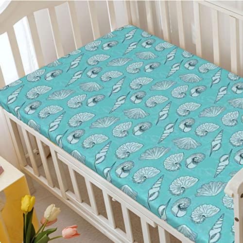 Seashells со тематски опремени мини чаршафи, преносни мини креветчиња за креветчиња за деца со постелнина за деца-бебиња за момчиња, 24 „x38“, бледо сина и бебе сина