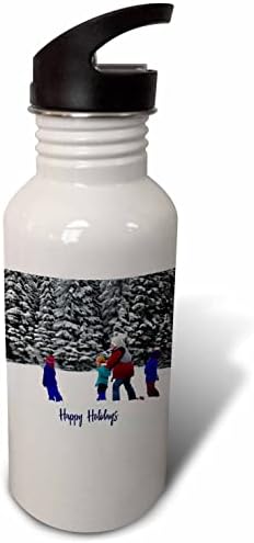 3drose деца и возрасна жена во шума покриена со снег. Среќен. - шишиња со вода
