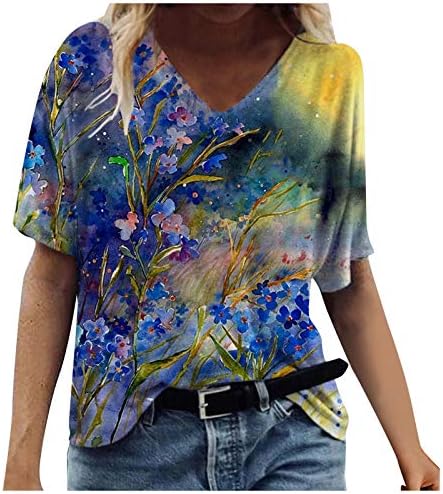 Женски летни маица со кратки ракави со кратки ракави, симпатични печатени маички со блуза, обични врвови на лабава графички маички