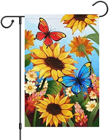 Луис Мелис Добредојдовте лето пролетно цветно градинарско знаме 12x18 двострана, Бурлап мала вертикална сончоглед пеперутка градина