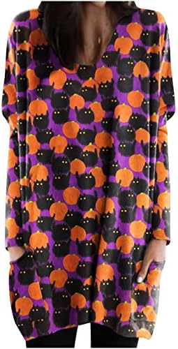 Narhbrg жени џемпери фустан Ноќта на вештерките симпатична печатена печатена долга ракав тунични кошули џебови v вратот пулвер врвови скокач блуза