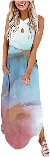Ymadreig летен боемски фустан за жени criss halter фустан случајно без ракави макси фустан, линија на хавајски фустан со џеб