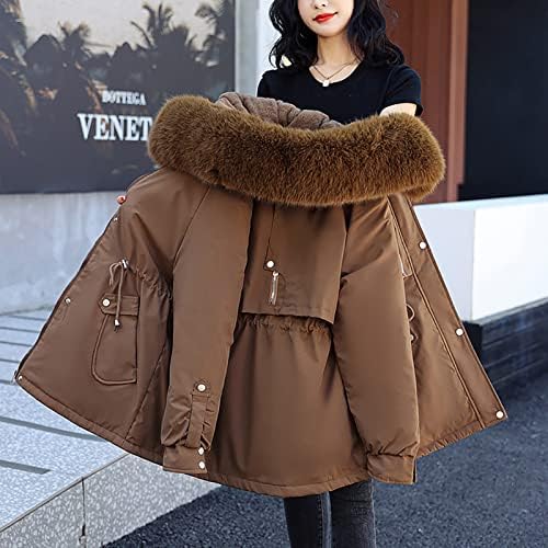Trebin женски дами топло плус големина цврста боја со качулка со единечна дојка памучна јакна со средна должина, ровови палта за жени