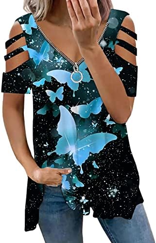 Женски летни врвови моден патент без ремен безжичен ракав пеперутка печатена маица со кратки ракави за вежбање кошули женски