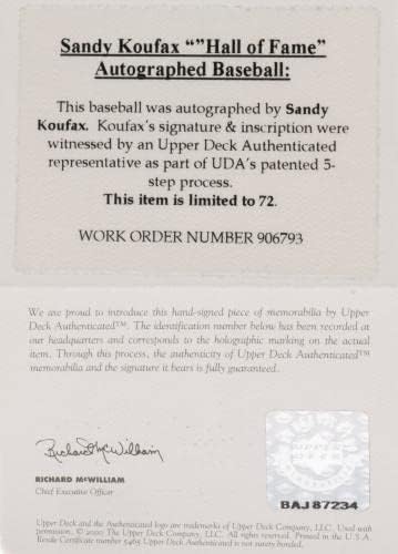 Салата на славните на Сенди Куфакс 1972 потпишана бејзбол горната палуба Уда Коа ретки - автограмирани бејзбол