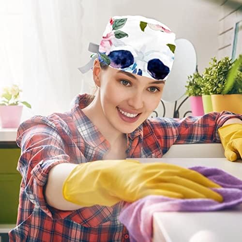 2 ПЦС медицинска сестра за чистење жени со долга коса, цвеќиња на череп со акварел, прилагодливо работно капаче со копче и џемпери разнобојно