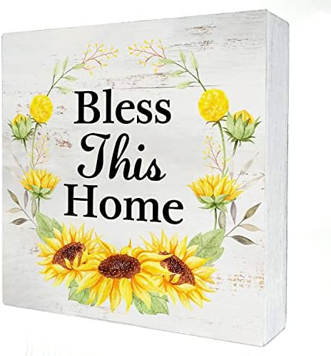 Благословете го овој домашен кутија знак дома декор рустикален сончоглед венец пролет цитат дрвена кутија знак блок плакета за wallидни