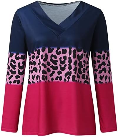 Grge beuu жени обични долги ракави џемпери лабави v врвови на вратот удобни маици за пулвер во боја блок -џемпери за печатење на леопард