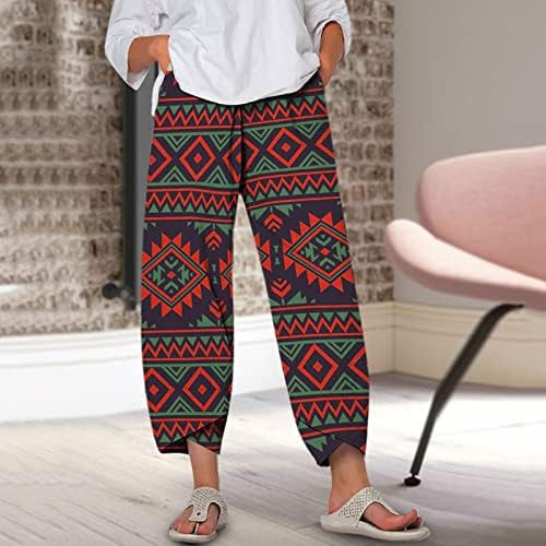 Летните постелнини панталони за жени плус големина памучна постелнина панталони цветни печатени трендовски панталони за дневни