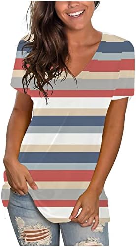 Врвна маица за дами есен летен краток ракав 2023 Длабок V врат памук графичка лента за обична кошула 32 32
