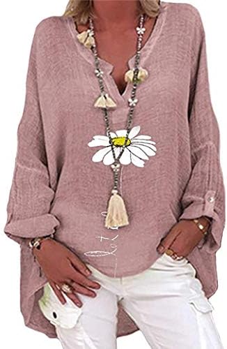Плус големина жени обични долги ракави цветни печати лабава маичка со врвот на вратот со вратот на вратот