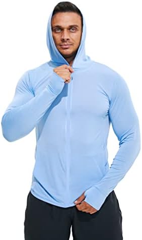 Biokey Men's Full Zip UPF 50+ Сонце за заштита од сонце со долги ракави кошули со џебови, лесни дуксери за мажи за риболов