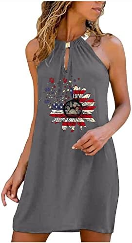 Летни кратки фустани, жени американско знаме Патриотски резервоар за фустан со заптивки на сончоглед мини лежерна лабава плажа